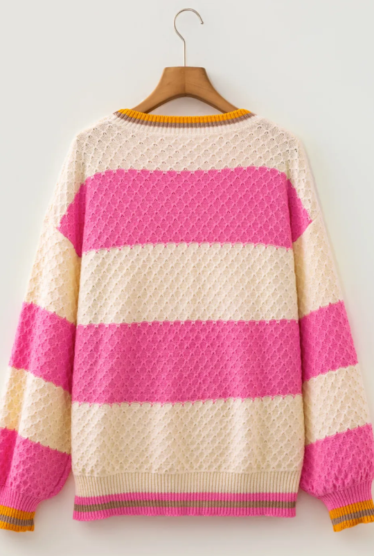 Shameera Pink Stripe Striped Colorblock Texture Drop Shoulder Sweater