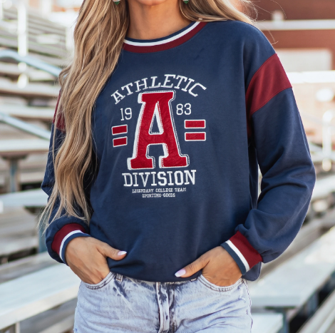 Athletic Division Sail Blue Patchwork Round Neck Long Sleeve Sweatshirt