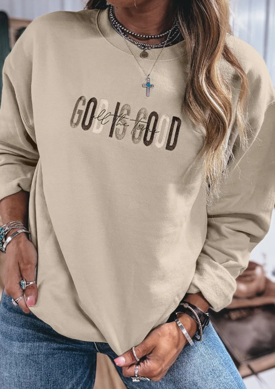 GOD IS GOOD Western Embroidered Letter Crewneck Pullover Sweatshirt
