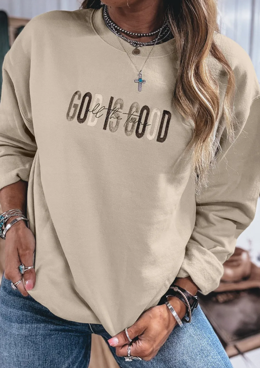 GOD IS GOOD Western Embroidered Letter Crewneck Pullover Sweatshirt