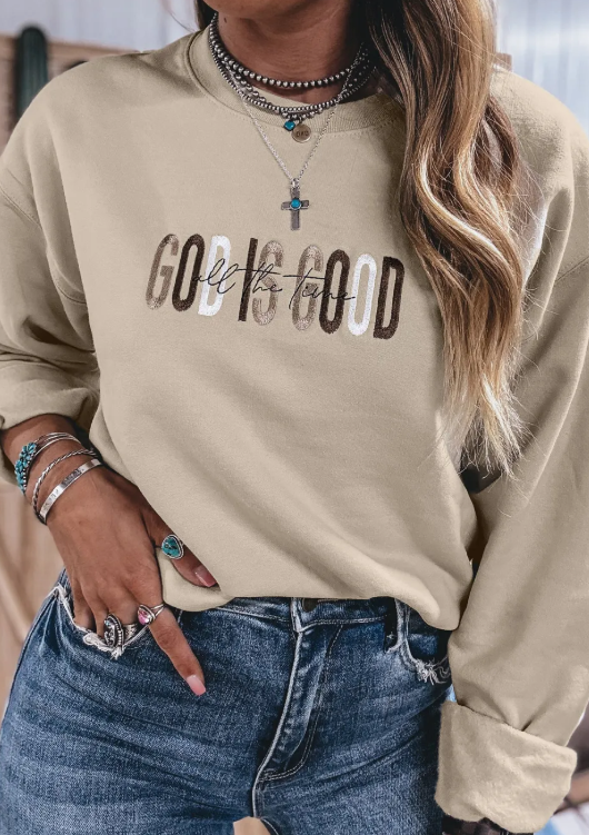GOD IS GOOD Western Embroidered Letter Crewneck Pullover Sweatshirt