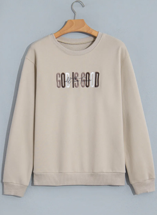 GOD IS GOOD Western Embroidered Letter Crewneck Pullover Sweatshirt