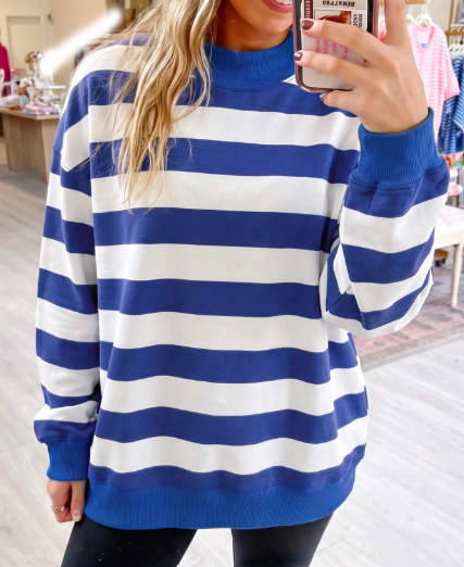 Delcia Blue/White Stripe Colorblock Mock Neck Relaxed Sweatshirt