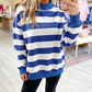 Delcia Blue/White Stripe Colorblock Mock Neck Relaxed Sweatshirt