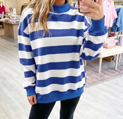 Delcia Blue/White Stripe Colorblock Mock Neck Relaxed Sweatshirt
