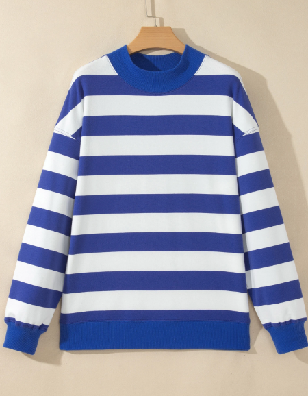 Delcia Blue/White Stripe Colorblock Mock Neck Relaxed Sweatshirt
