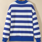 Delcia Blue/White Stripe Colorblock Mock Neck Relaxed Sweatshirt