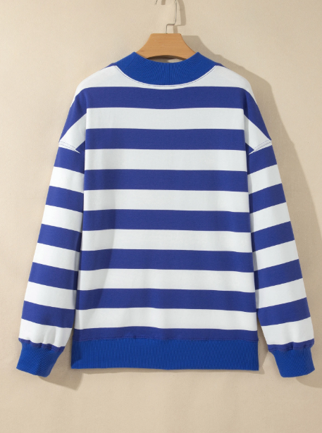 Delcia Blue/White Stripe Colorblock Mock Neck Relaxed Sweatshirt