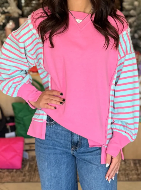 Lexie Stripe Color Block Patchwork Relaxed Split Long Sleeve Top