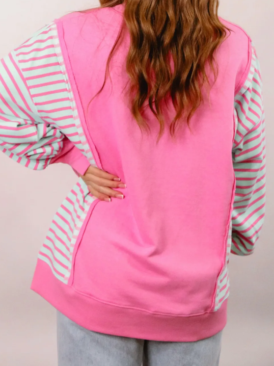 Lexie Stripe Color Block Patchwork Relaxed Split Long Sleeve Top