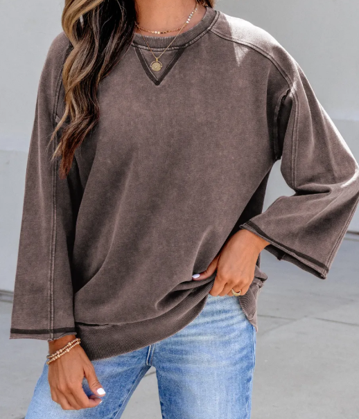 Mandy Dark Brown 3/4 Sleeve Mineral Wash Loose Cotton Top