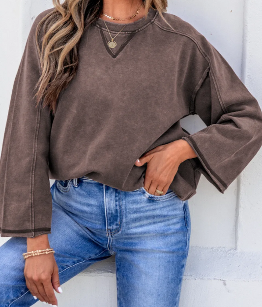 Mandy Dark Brown 3/4 Sleeve Mineral Wash Loose Cotton Top