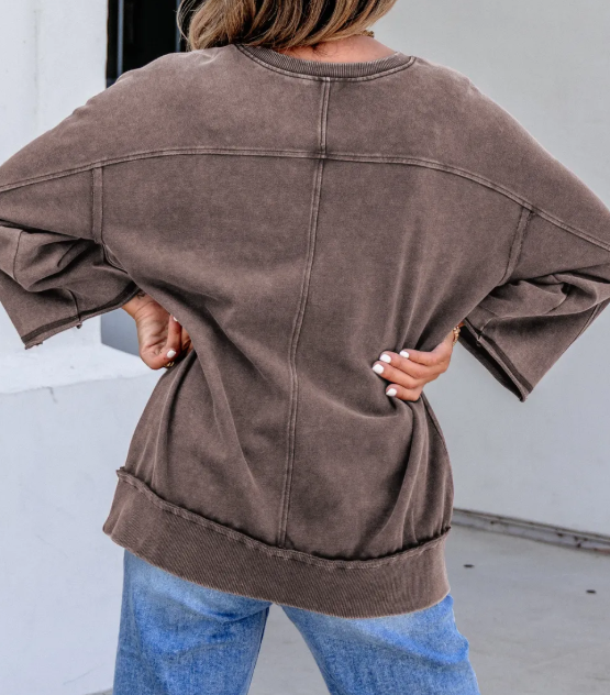 Mandy Dark Brown 3/4 Sleeve Mineral Wash Loose Cotton Top