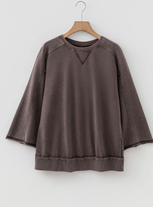 Mandy Dark Brown 3/4 Sleeve Mineral Wash Loose Cotton Top