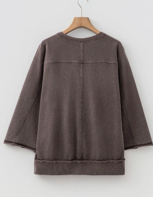 Mandy Dark Brown 3/4 Sleeve Mineral Wash Loose Cotton Top