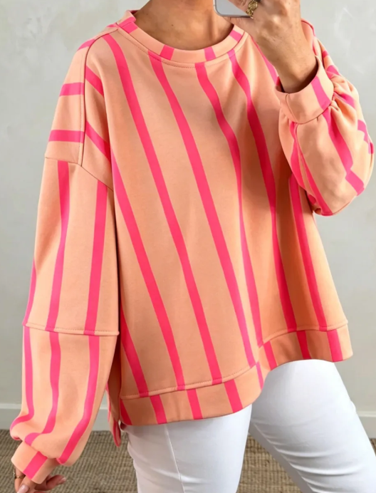 Olinda Pink Stripe Dropped Shoulder Round Neck Casual Sweatshirt