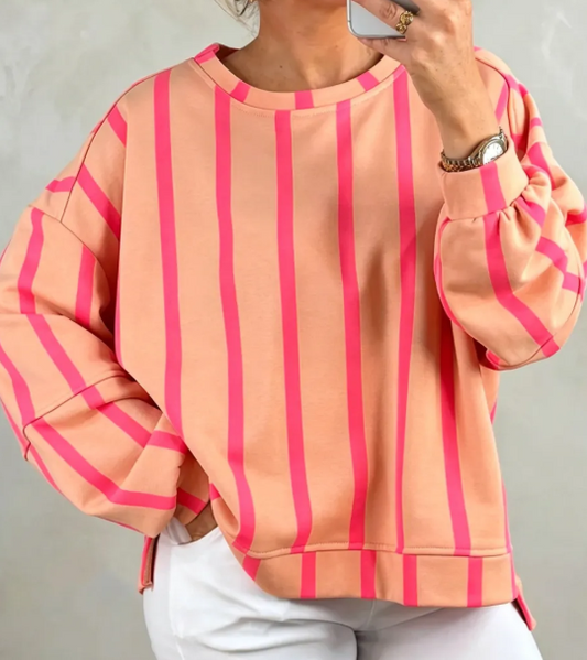Olinda Pink Stripe Dropped Shoulder Round Neck Casual Sweatshirt