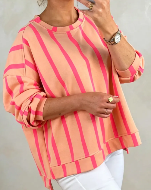 Olinda Pink Stripe Dropped Shoulder Round Neck Casual Sweatshirt