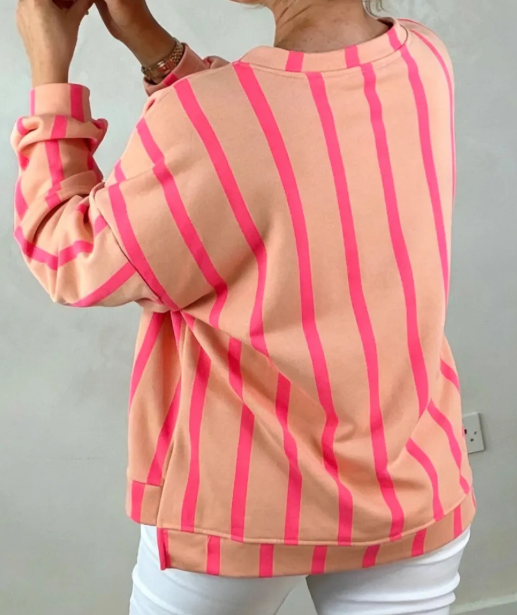 Olinda Pink Stripe Dropped Shoulder Round Neck Casual Sweatshirt