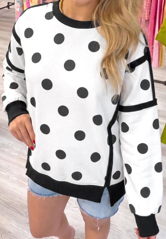 Presley White Polka Dot Contrast Patchwork Round Neck Baggy Sweatshirt