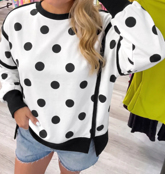 Presley White Polka Dot Contrast Patchwork Round Neck Baggy Sweatshirt