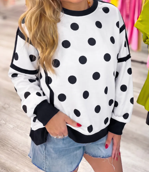 Presley White Polka Dot Contrast Patchwork Round Neck Baggy Sweatshirt