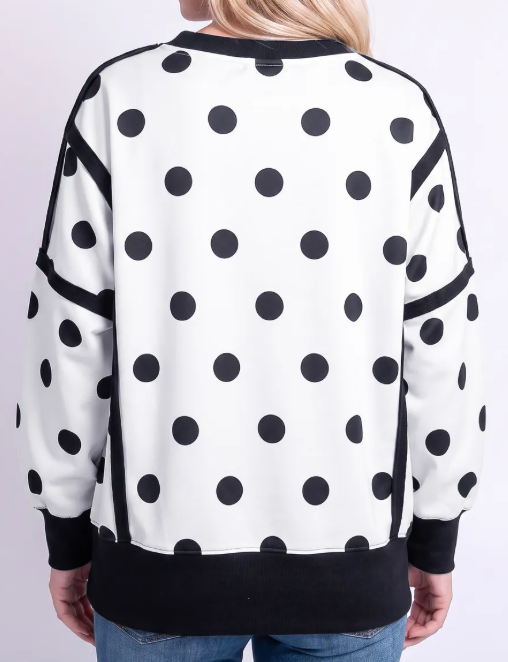 Presley White Polka Dot Contrast Patchwork Round Neck Baggy Sweatshirt