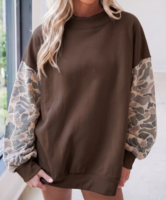 Angel Coffee Camouflage Sleeve Crewneck Baggy Pullover Sweatshirt