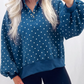 RTS Blue Polka Dot Print Metal Button Collar Casual Pullover Sweatshirt