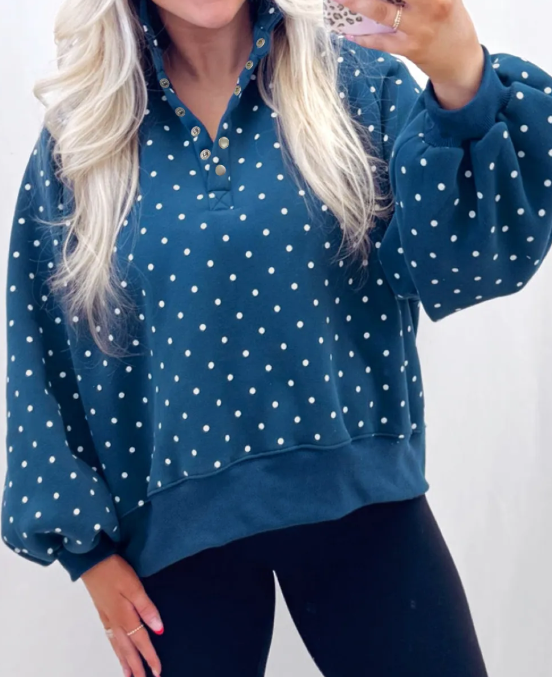 RTS Blue Polka Dot Print Metal Button Collar Casual Pullover Sweatshirt