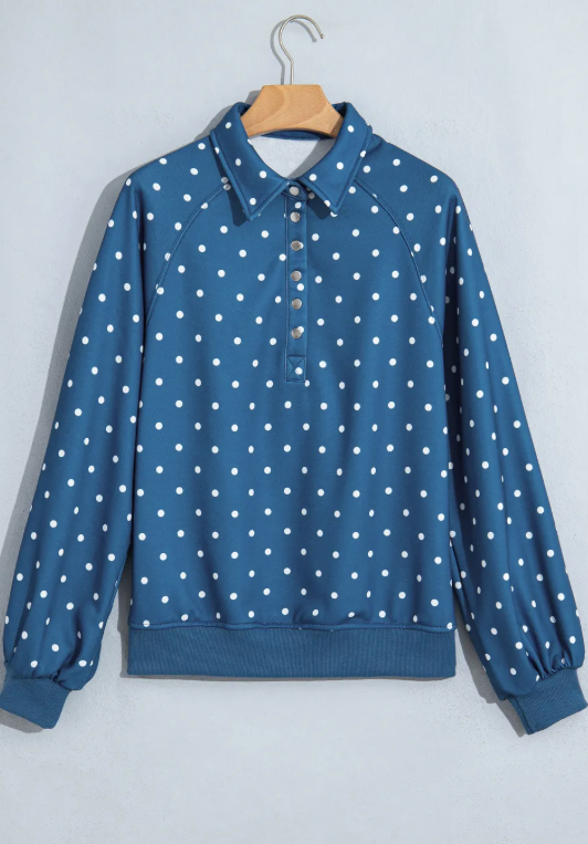 RTS Blue Polka Dot Print Metal Button Collar Casual Pullover Sweatshirt