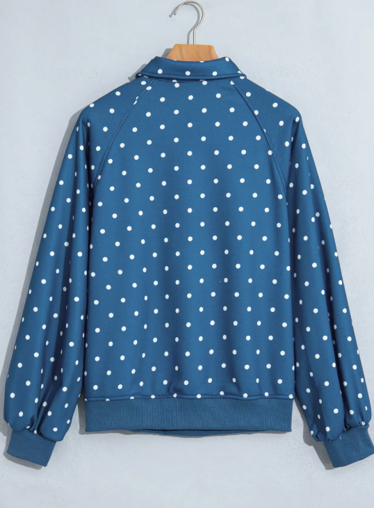 RTS Blue Polka Dot Print Metal Button Collar Casual Pullover Sweatshirt