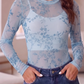 Alessandra Sky Blue Sheer Mesh Floral Printed Mock Neck Long Sleeve Bodysuit