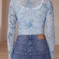 Alessandra Sky Blue Sheer Mesh Floral Printed Mock Neck Long Sleeve Bodysuit