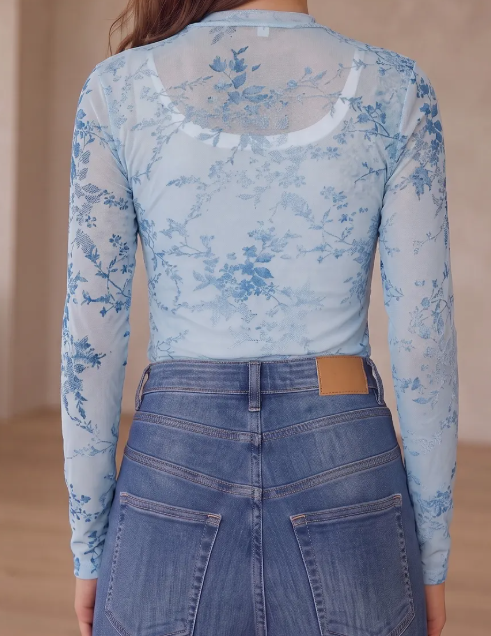 Alessandra Sky Blue Sheer Mesh Floral Printed Mock Neck Long Sleeve Bodysuit