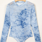 Alessandra Sky Blue Sheer Mesh Floral Printed Mock Neck Long Sleeve Bodysuit