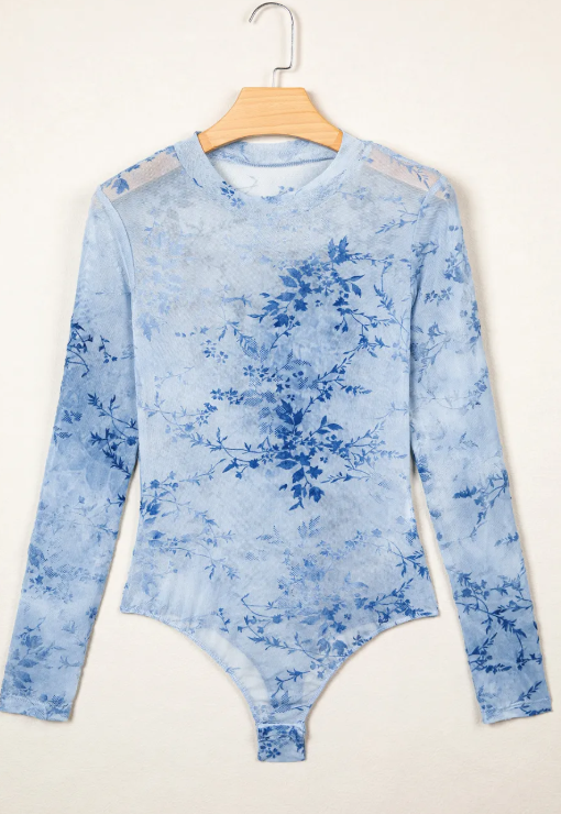 Alessandra Sky Blue Sheer Mesh Floral Printed Mock Neck Long Sleeve Bodysuit