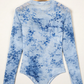 Alessandra Sky Blue Sheer Mesh Floral Printed Mock Neck Long Sleeve Bodysuit