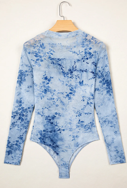 Alessandra Sky Blue Sheer Mesh Floral Printed Mock Neck Long Sleeve Bodysuit