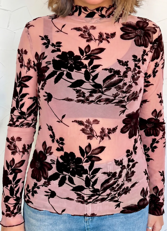 Jeanne Pink Retro Floral Print Mesh Long Sleeve Pullover Blouse