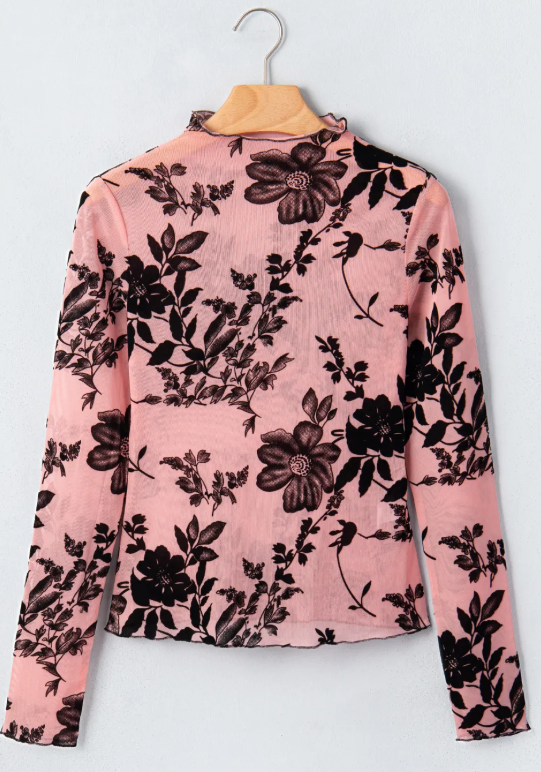 Jeanne Pink Retro Floral Print Mesh Long Sleeve Pullover Blouse