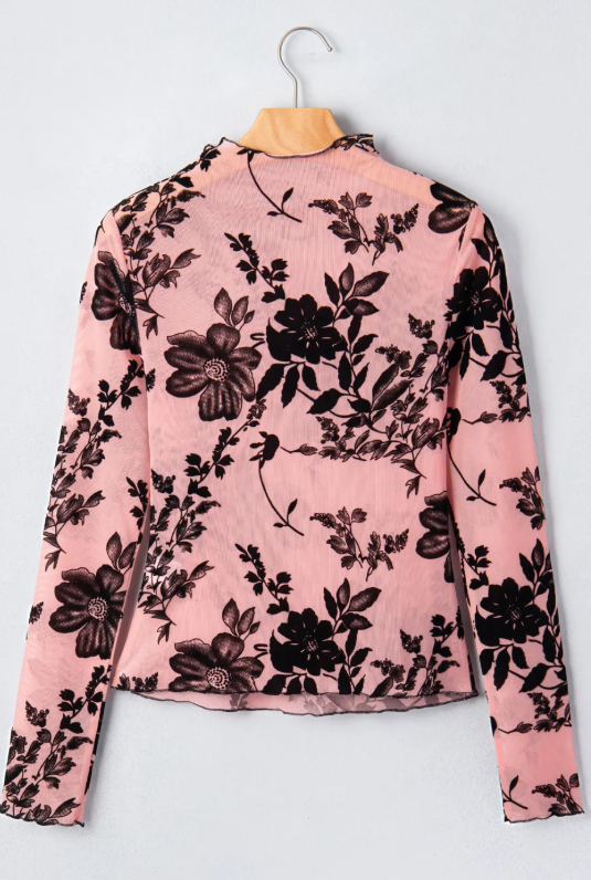 Jeanne Pink Retro Floral Print Mesh Long Sleeve Pullover Blouse