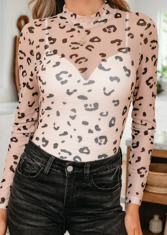 Keaton Khaki Mock Neck Sheer Mesh Leopard Long Sleeve Bodysuit