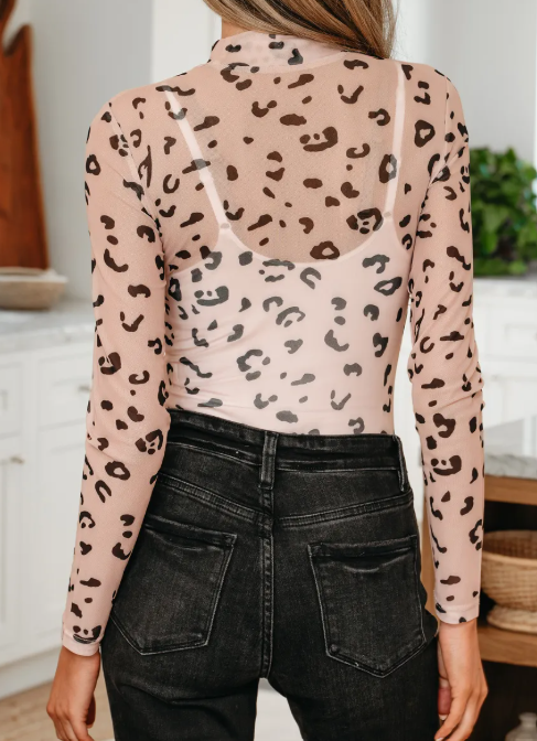 Keaton Khaki Mock Neck Sheer Mesh Leopard Long Sleeve Bodysuit