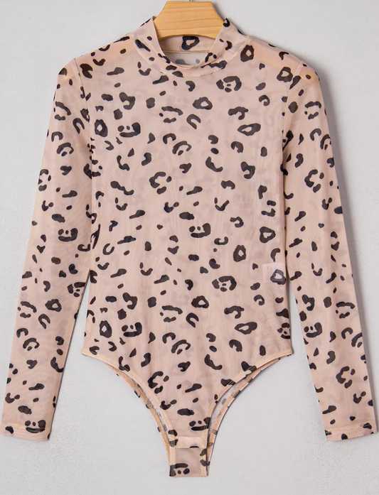 Keaton Khaki Mock Neck Sheer Mesh Leopard Long Sleeve Bodysuit