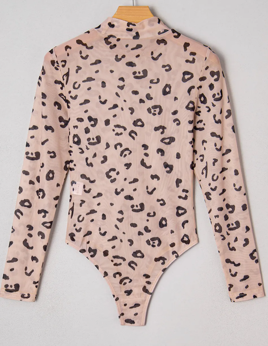 Keaton Khaki Mock Neck Sheer Mesh Leopard Long Sleeve Bodysuit