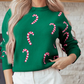 Dark Green Christmas Candy Cane Holiday Drop Shoulder Sweater