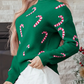 Dark Green Christmas Candy Cane Holiday Drop Shoulder Sweater