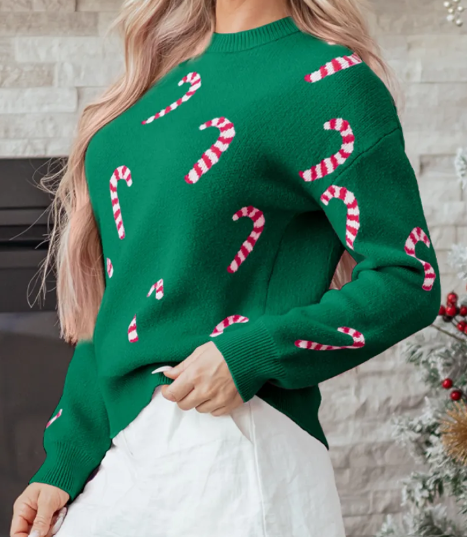 Dark Green Christmas Candy Cane Holiday Drop Shoulder Sweater