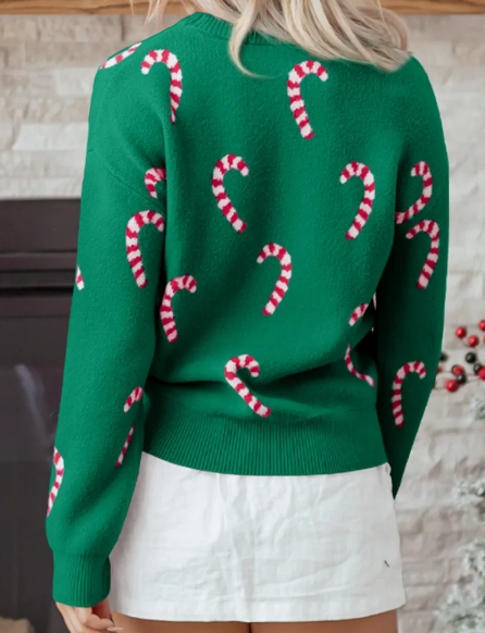 Dark Green Christmas Candy Cane Holiday Drop Shoulder Sweater